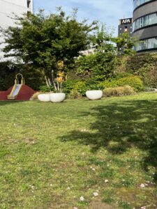 コロンとした石のベンチがある芝生の緑地